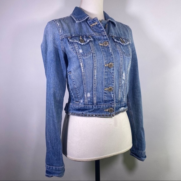 AMERICAN Eagle Studded Distressed Denim Jacket - Picture 7 of 14